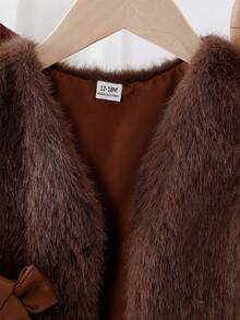 Baby Girl Autumn/Winter 3-Piece Set, Brown Ribbed Long Sleeve Top Paired With Matching Flared Pants, Outer Layer With Bow-Decorated Plush Vest, Soft Fabric In Deep Brown Color, Elegant And Sophisticated Look, Perfect For Autumn/Winter Outfits - Coffee Brown - View 5
