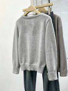 Plus Size Women's Elegant Solid Color Knit Cardigan With Buttons, Casual Slouchy Comfortable Thin Knit Sweater Jacket For Autumn/Winter, Suitable For Outings, Versatile Top - Grey - View 3