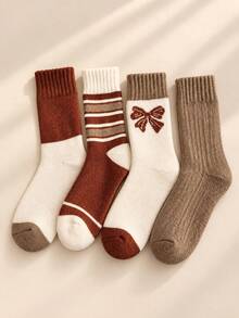 4 Pairs Women's Autumn/Winter Vintage Brown Tone Mid-Calf Socks, Striped Bowknot Colorblock Design, Casual Versatile Ribbed Socks - Multicolor - View 2