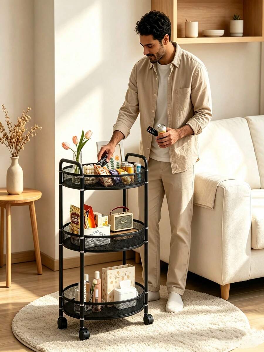 3-Tier Round Rotating Cart, Black Metal Mesh Basket, Universal Wheels, Movable Storage Organizer For Kitchen Bathroom Living Room - Multicolor - View 1