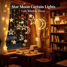 Solar LED Curtain Night Light - Warm Light, Star And Moon Pattern, USB Powered. Perfect For Wall Decor, Bedrooms, New Year, Christmas And Halloween Parties. Smart Festive Lighting That Can Turn Any Room Into A Starry Wonderland - Solar Powered Star and Moon Curtain Lights - View 4