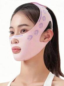 Facial Lifting Bandage | Reusable Double Chin Tightening Strap | Comfortable Ice Silk Sleeping Chin Wrap - Pink - View 3
