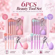 6pcs Makeup Tool Set, Includes 4 Makeup Brushes, Eyelash Curler, Compact Beauty Essentials Kit, Suitable For Face, Eyes And Daily Makeup, Pink/Lavender Purple - Multicolor - View 8