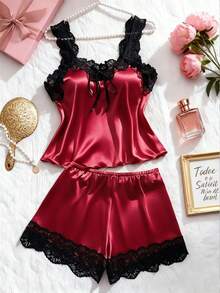 2pcs/Set Set Lingerie Seksi Wanita Colorblock Baru, Atasan Ruffle Berenda + Celana Dalam Patchwork Berenda, Set Lingerie Seksi Nyaman untuk Tidur di Rumah - Burgundy - View 13