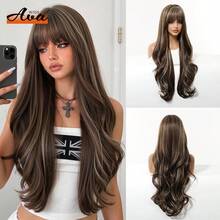 Topshe 30 Inch Gradient Dark Brown To Caramel Highlight Long Wavy Synthetic Wig, Silky Voluminous Soft Texture, Neat Straight Fringe Bangs, Breathable Adjustable Wig Cap, Perfect For Daily Outing, Dating, Club, Vintage Style Hair Wig For Ladies - Piano Color - View 13
