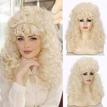 Platinum Blonde Big Curls 80s Rock Style Voluminous Fluffy Synthetic Wig With Bangs, Suitable For Halloween, Cosplay, Party, Costume Party And Other Occasions - Gold - View 2