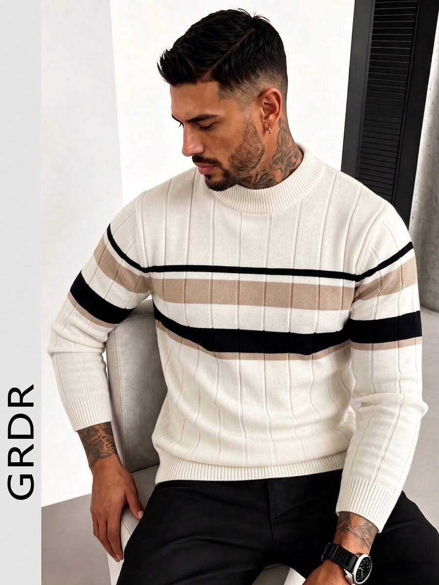 Men's Knitted Ribbed Ribbed Sweater, Autumn/Winter Essential - White - View 1
