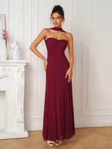 PARTHEA Elegant Burgundy Halter Tube Mesh Maxi Dress, Ruched Sweetheart Neck, Flared Hem Formal Party Evening Gown For Women - Red - View 4