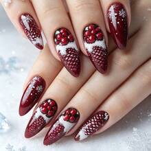 Christmas Medium-Short 24pcs Glossy Finish Christmas Pine Cone Pattern Fake Nails, Red Nail Stickers, Easy To Remove And Reusable Wearable Nails, Snowflake Nail Stickers, Convenient For Travel, Parties, Events, Holiday Outings, Burgundy Nail Stickers - Red - View 11