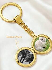 1pc Customized Openable Round Photo Keychain, Gold Metal Texture, Can Embed Photo, Pet & Family Memorial Pendant, Flip Cover Key Ring Gift, Christmas, Halloween Gift - Multicolor - View 1