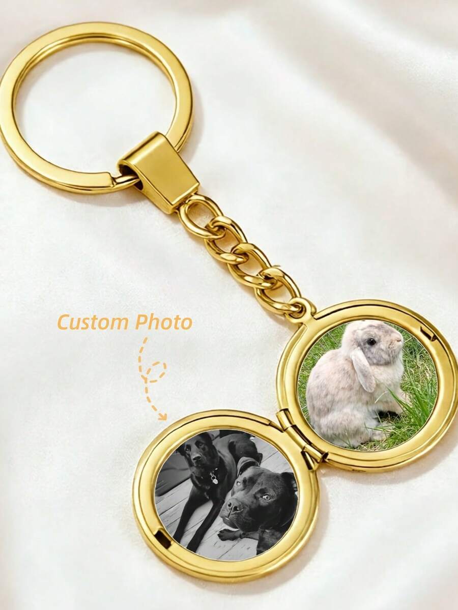 1pc Customized Openable Round Photo Keychain, Gold Metal Texture, Can Embed Photo, Pet & Family Memorial Pendant, Flip Cover Key Ring Gift, Christmas, Halloween Gift - Multicolor - View 1