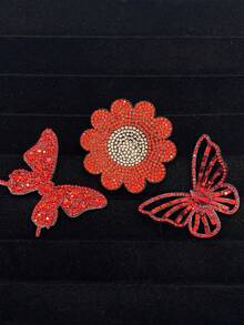 Set Of 3 Red Rhinestone Flower & Butterfly Fabric Patches, Hand-Sewn Shiny Crystal Appliques, DIY Decorative Accessories For Hats, Clothes, Dresses, Jeans - Red - View 5