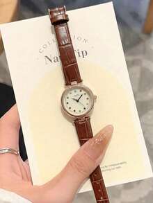 gedi 1pc Women's Leather Strap Watch, Round Colorful Rhinestone Small Dial, Suitable For Daily Wear, Party, Commute, Travel And Everyday Wear - Brown - View 4