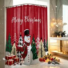 1pc Christmas Tree & Snowman Pattern Shower Curtain, Vintage Design, Waterproof, Suitable For Bathtub Partition, Bathroom Decor & Accessories, Christmas Decoration, Home Decor Gift, Includes 12 Hooks - Multicolor - View 4