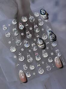 Winter Christmas 5D Embossed Nail Stickers, Holographic Snowball Decor Snowflake Bow Pattern Self-Adhesive Nail Art Decals, Christmas Nail Art - Multicolor - View 4