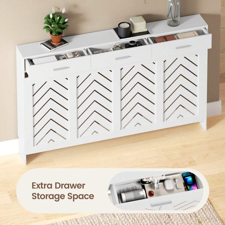 Radiator Cover With Drawers, White Wooden Radiator Shelf Pipe Covers Cabinet With Wavy Grill For Living Room Bedroom Hallway - White - View 3
