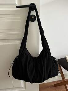 Women's Drawstring Design Large Capacity Casual Underarm Tote Bag, Pleated Strap Bohemian Style Shoulder Bag, Suitable For Daily Outings - Black - View 3