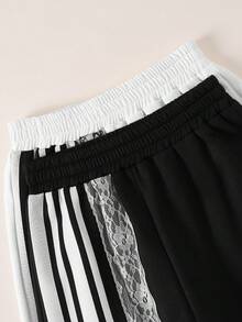 2pcs/Set Autumn/Winter Girls Fashion Casual Side Lace Trim Bow Print Wide Leg Long Pants - Black and White - View 7