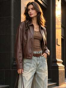 Women Fall Collared Zip‑Up Jacket, Long Sleeve Pocketed Cropped Vintage Short Outerwear Coat - Brown - View 1