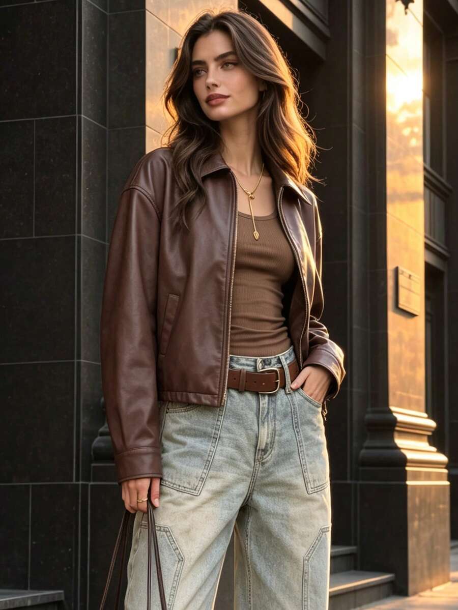 Women Fall Collared Zip‑Up Jacket, Long Sleeve Pocketed Cropped Vintage Short Outerwear Coat - Brown - View 1