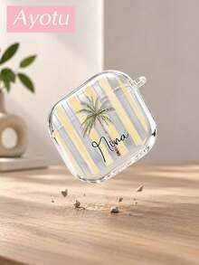 Personalized Striped Coconut Tree Custom Name Earphone Case, Custom Name Transparent Soft TPU Wireless Earphone Protective Cover Compatible With AirPods 3/4/5/Pro/Pro2/Pro3, Transparent Design, Snug Fit, Tropical Bohemian, Modern Style, Ideal Gift For Classmates, Friends, Sisters, Best Friends, Colleagues, Mothers - Multicolor - View 6