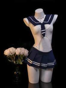 Sailor Collar JK 2 Pieces Set Sleeveless Jumpsuit Pleated Mini Skirt School Style Cosplay Party Stage Costume - Blue and White - View 1