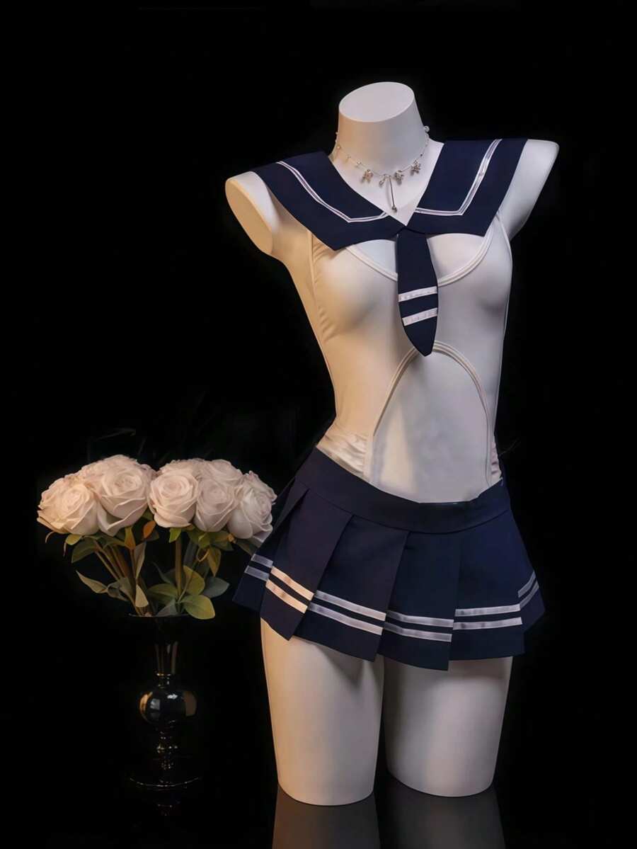 Sailor Collar JK 2 Pieces Set Sleeveless Jumpsuit Pleated Mini Skirt School Style Cosplay Party Stage Costume - Blue and White - View 1