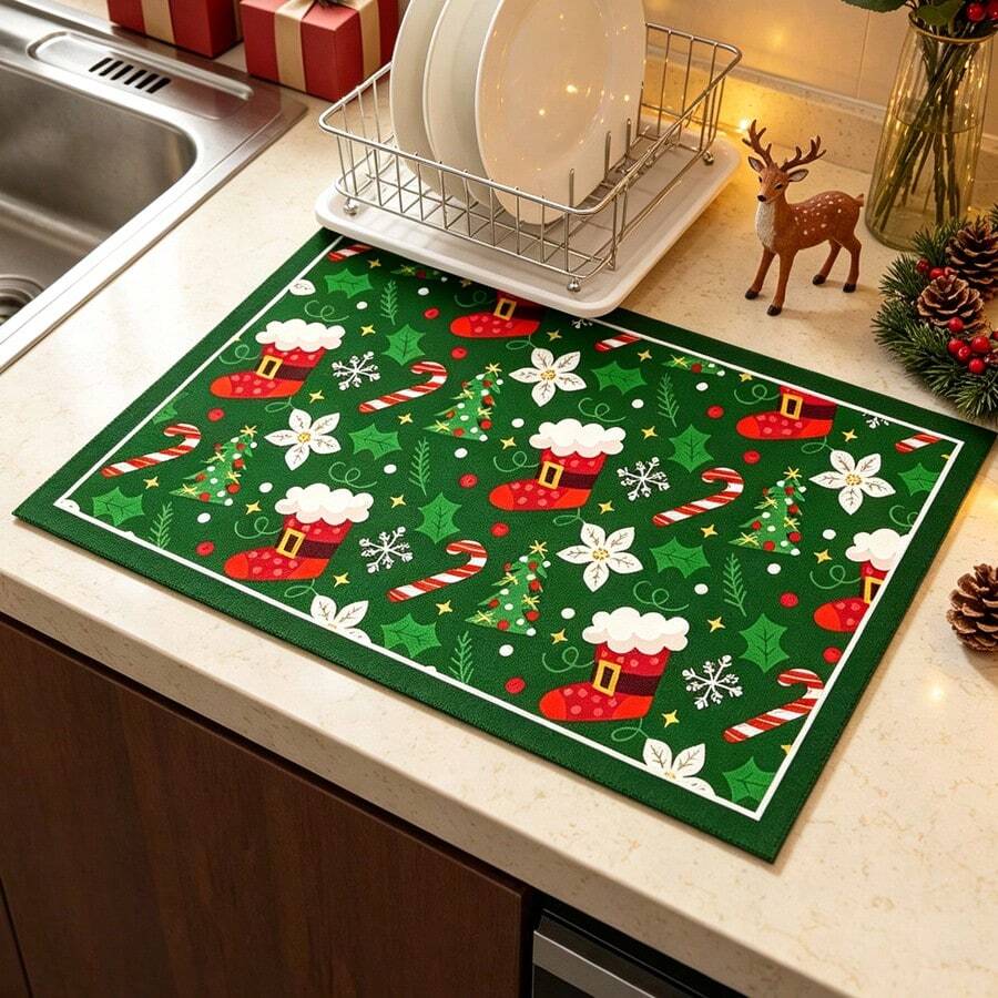1pc Dish Drying Mat, Coffee Machine Mat, Christmas Series Pattern Dish Drying Mat, Tabletop Protective Placemat, Suitable For Kitchen Dish Drying, Suitable For Holiday Table Decoration, Multi-Purpose Drying Mat, Home Gift, Tabletop Decor