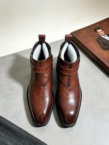 Men's Vintage Distressed Buckle Design Chelsea Boots Square Toe Hand-Stitched High-Top Riding Boots Zipper British Style Business Casual Formal Shoes Boots - Brown - View 4