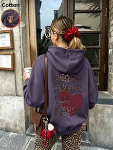 كنزة نسائية كاجوال بأكمام طويلة بطبعة نمر وكلمة "More Amor Por Favor" وطبعة قلب، برباط سحب، بطانة دافئة، وأكتاف منسدلة - اللون الرمادي الأرجواني - مشاهدة 10