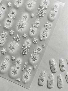 1Sheet Thin & Soft Christmas Nail Stickers Silver White Snowflake Xmas Tree Bell Star Self-Adhesive Nail Art Decals Winter Manicure Decor - White - View 3