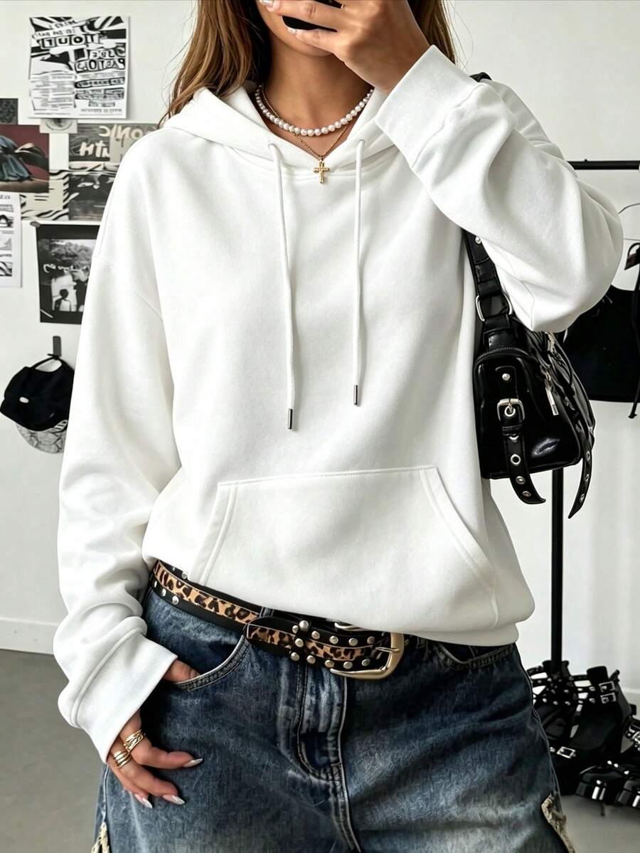 Sweatshirt Wanita Putih Longgar dan Nyaman dengan Tudung, Lapisan Dalam Hangat, Tali Serut, Dilengkapi Saku, Cocok untuk Dipakai di Musim Gugur/Musim Dingin - Putih - View 1