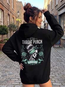 Women's Autumn Skull Rose Letter Print Long Sleeve Sweatshirt Sweatshirt With Pocket Design, Street Casual Versatile Wear - Black - View 2