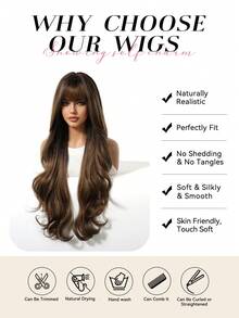 Topshe 30 Inch Gradient Dark Brown To Caramel Highlight Long Wavy Synthetic Wig, Silky Voluminous Soft Texture, Neat Straight Fringe Bangs, Breathable Adjustable Wig Cap, Perfect For Daily Outing, Dating, Club, Vintage Style Hair Wig For Ladies - Piano Color - View 9