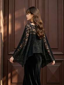 Fall Vintage Black Lace Cape Top, Loose Batwing Sleeve Sheer Hollow Out Blouse, Retro Fall Party Lace Cover Up - Black - View 3