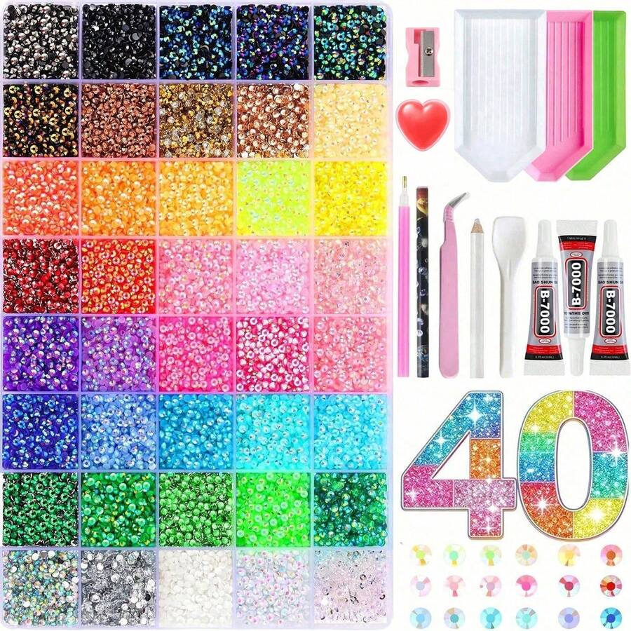 Set Mewah Rhinestone Resin Jelly Datar 40 Warna, 30.000 Buah Rhinestone Resin dengan Kit Aksesori Lengkap DIY, Paket Bahan DIY Buatan Tangan, Cocok untuk Topi DIY, Dekorasi Rhinestone Gelas Air, Lukisan Berlian, Serbaguna - Warna-warni A - View 1