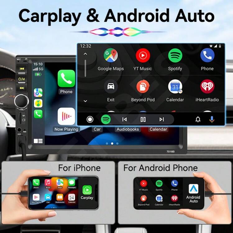 VENBES 7 吋單 DIN 車用收音機，支援 Apple CarPlay，高畫質觸控螢幕，藍牙 Mirror-Link 車載音響，AM/FM、USB、EQ、SWC，可選配 8-LED 倒車顯像鏡頭 - 方向盤控制線 - 查看 2