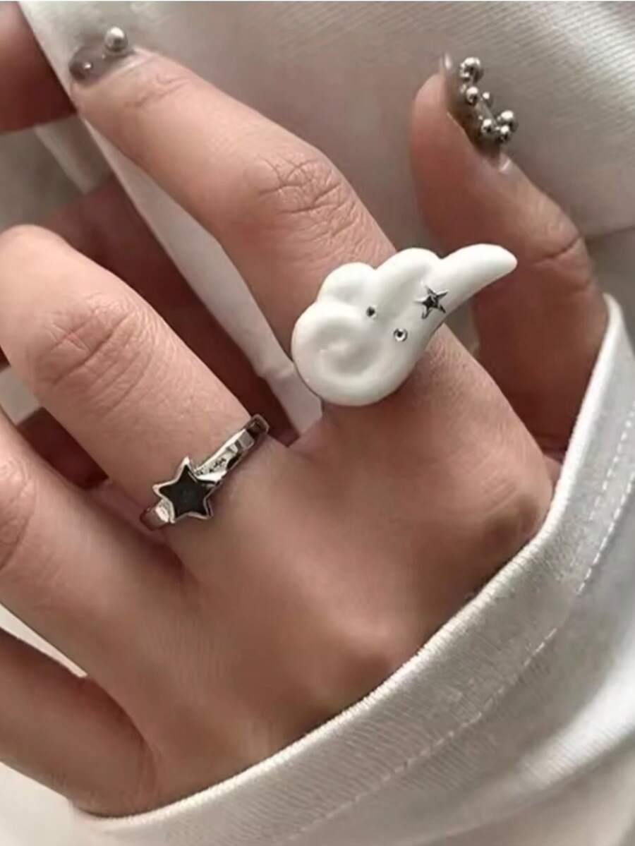 2pcs/Set Cincin Sayap Malaikat dan Bintang Bertabur Berlian Imitasi, Desain Unik dan Menarik, Cincin untuk Gadis Modis, Gaya Y2K Punk Gothic, Perhiasan Sederhana - MultiWarna - View 1