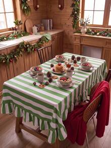 1pc Green And White Classic Wide Striped Tablecloth, Traditional Country Style, Rectangular With Scalloped Edge And Pleated Details, Stain-Resistant Protective Table Cover, Suitable For Christmas, Family Gatherings And Winter Holiday Dining Room Decor - Green - View 9