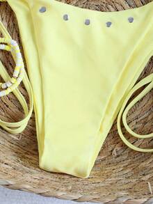HOTTIE HABIT Women's Bright Yellow, Halter Triangle, 2 Pieces Bikini Set, High Cut, Rivet Detail, Summer Beach Pool Vacation - Yellow - View 8