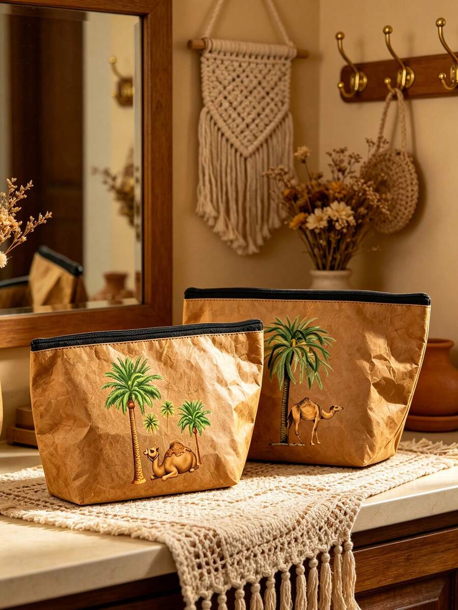Camels Coconut Trees Cosmetic Bag, Portable Zipper Makeup Storage Pouch, Large Capacity Travel Toiletry Bag,Cute Makeup Tools Organizer, Multifunctional Storage Bag - Multicolor - View 1