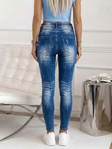 Women's Boho Jeans, Boyfriend Jeans, Leopard Print Patch Jeans, Suitable For Everyday Wear, Travel, Features Include Stretch, Skinny Jeans Autumn - Washed Denim - View 4