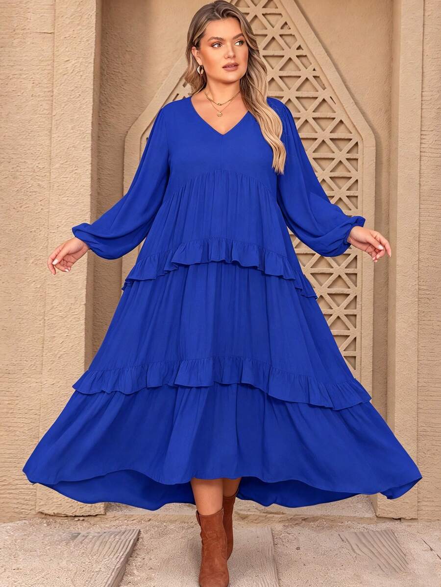 V-Neck Long Sleeve Ruffle Hem Plus Size Beach Vacation, Bohemian Style Dress - Blue - View 1
