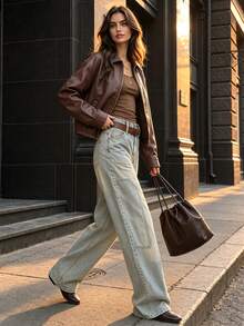 Women Fall Collared Zip‑Up Jacket, Long Sleeve Pocketed Cropped Vintage Short Outerwear Coat - Brown - View 3