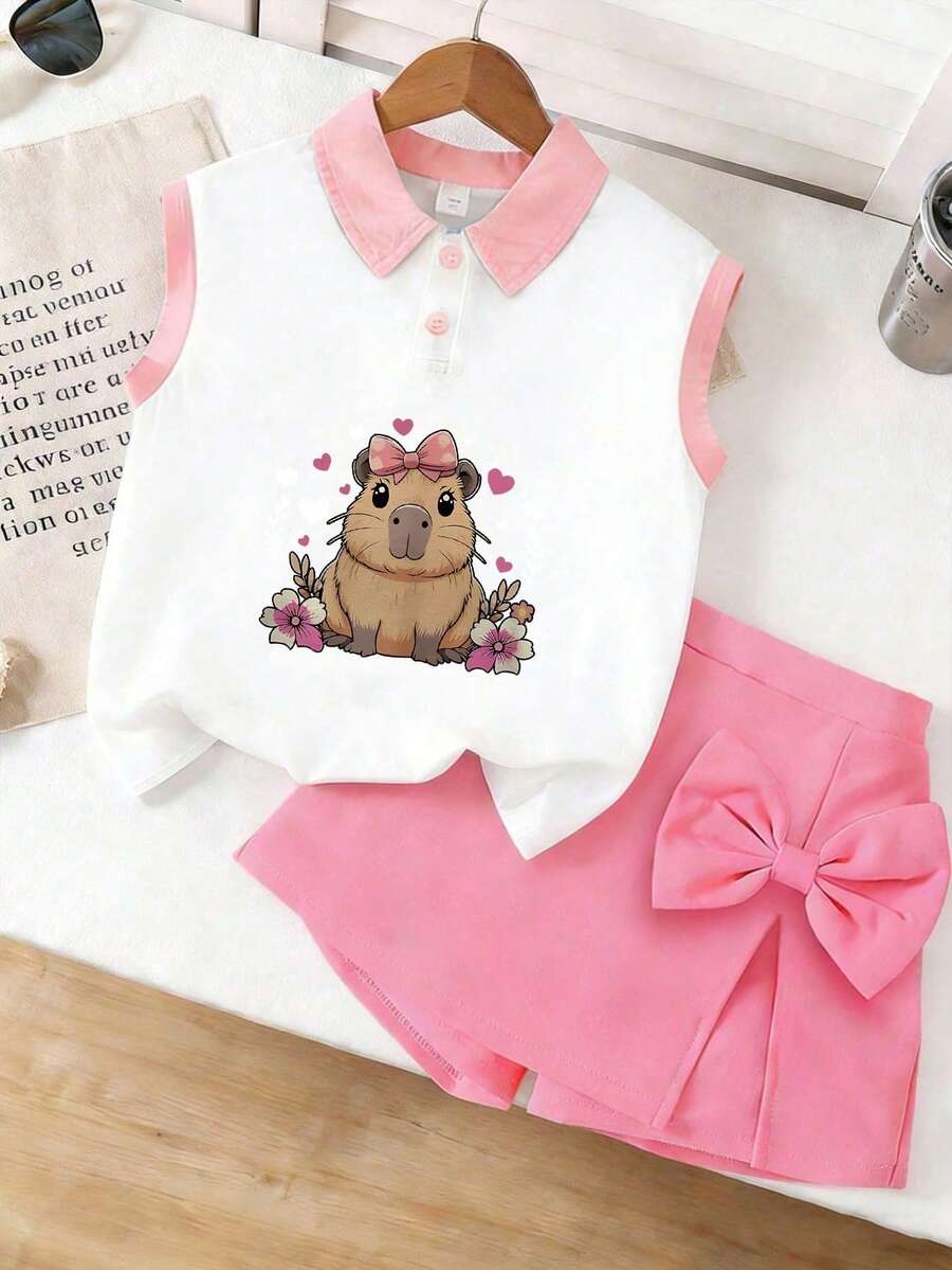 2pcs/Set Graphic Print Tank Top And Shorts Set, Suitable For Teenage Girls, Casual Fashion, Popular Children's Clothing Loved By Girls - Pink - View 1