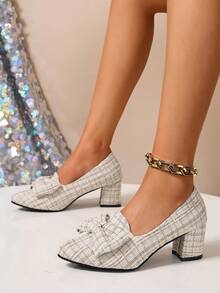 Women's Beige High Heel Pumps Fashion Bow Chunky Heel Fairy Style Spring/Autumn New Versatile Pointed Toe Slip-On Solid Color Low Cut Office Shoes Soft Sole Non-Slip - Beige - View 3