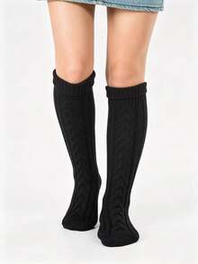 1 Pair Thick Knitted Cable Knit Knee-High Socks, Warm Casual Everyday Wear, Comfortable Socks - Black - View 4