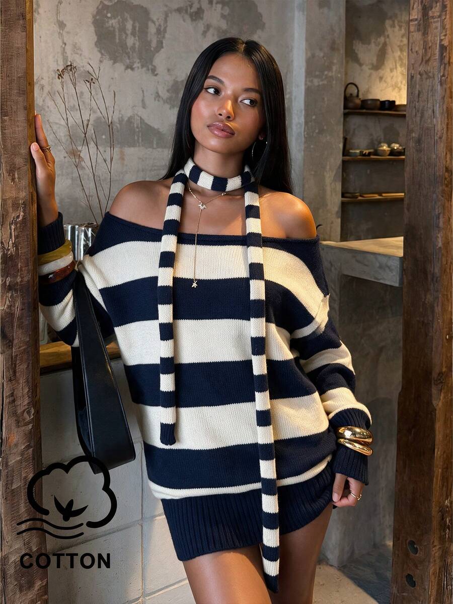 Fall/Winter One-Shoulder Striped Knit Dress, Casual Off-Shoulder Knitted Dress - Blue and White - View 1