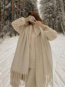 1pc Thick Solid Color Fluffy Tassel Coffee Brown Warm Scarf, Fashionable Cold-Proof Couple Shawl, Soft And Comfortable Blanket-Style Scarf, Suitable For Daily Matching With Dresses, Perfect For Autumn And Winter Wear - Multicolor - View 5