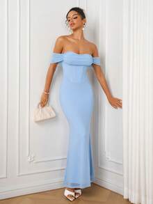 PARTHEA Women Elegant Light Blue Off‑Shoulder Mesh Mermaid Maxi Dress, Corset Style Party Long Gown - Baby Blue - View 1